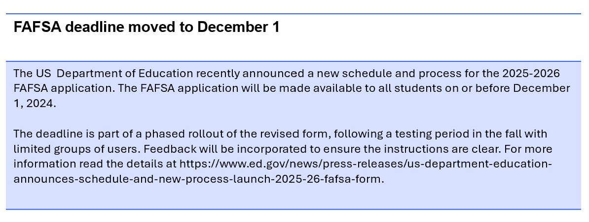 FAFSA deadline moved to December 1