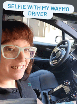 Kelly Green with her Waymo driver