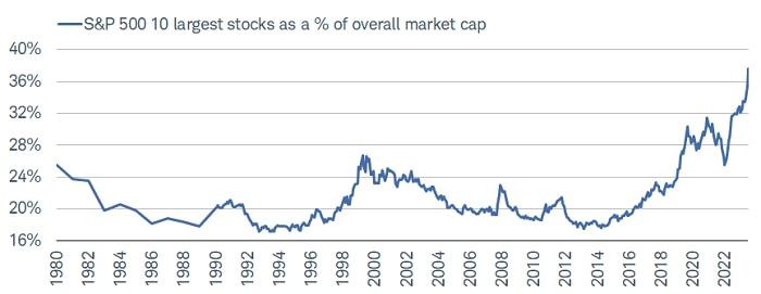 SP500 10 largest stocks as percentage of overall market cap
